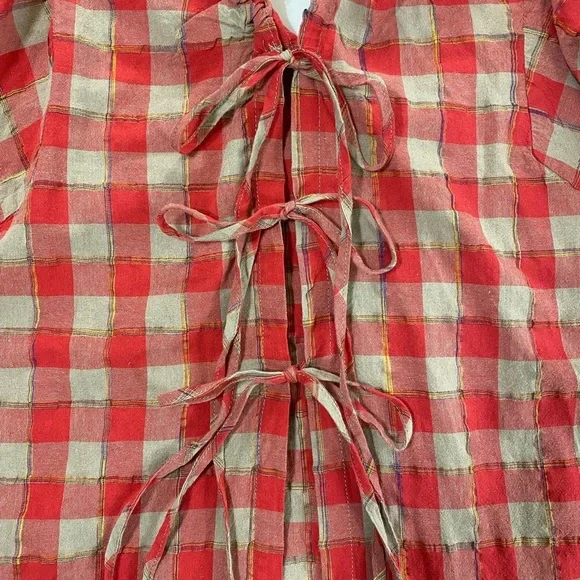 Fate Open Tie Back Top Red/Light Brown‎ Plaid Long Sleeve Size M - Picture 11 of 13